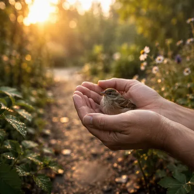 Gentle Hands Protecting a Tiny Sparrow