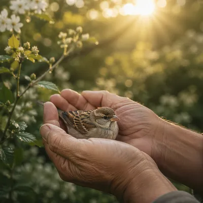 Gentle Hands Cradling Sparrow in Morning Light