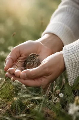 Gentle Hands Cradling a Small Songbird