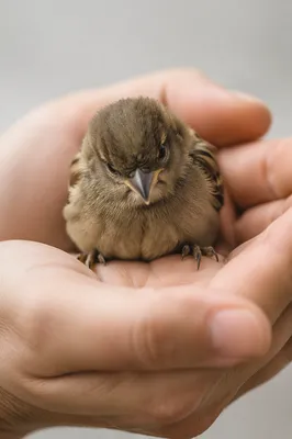 Tiny Sparrow Held in Gentle Hands