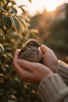 Gentle Hands Protecting a Tiny Sparrow