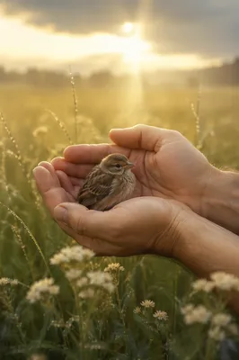 Gentle Hands Cradling a Tiny Sparrow