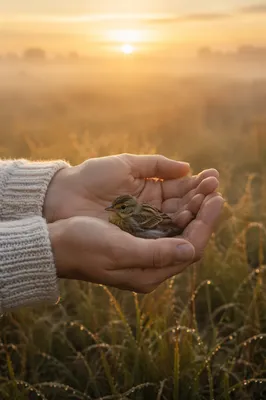 Gentle Hands Protecting a Small Bird