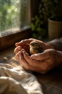 Tender Hands Cradling a Rescued Songbird