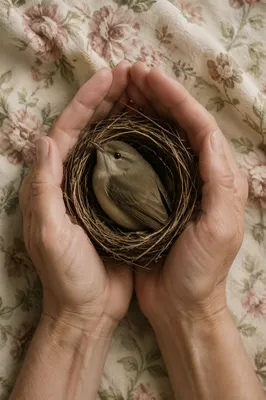 Gentle Hands Cradling Bird in Nest