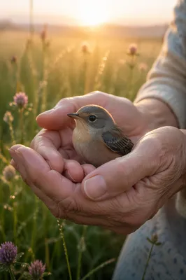 Gentle Hands Cradling a Small Bird