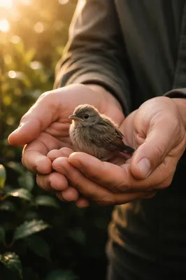 Gentle Hands Cradling Tiny Sparrow