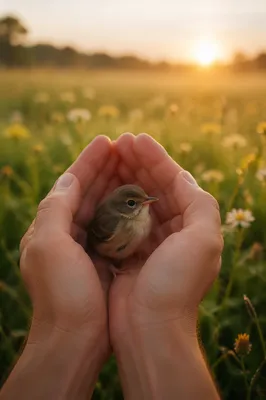 Gentle Hands Cradling Tiny Bird