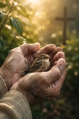 Gentle Hands Cradling Rescued Songbird