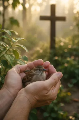 Gentle Hands Cradling Sparrow at Dawn