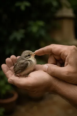 Gentle Hands Cradling Fledgling in Divine Love