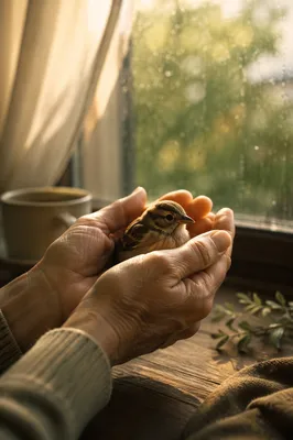 Gentle Hands Cradling Sparrow in Morning Light