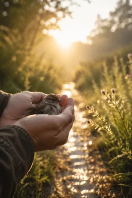 Gentle Hands Cradling Sparrow at Sunrise