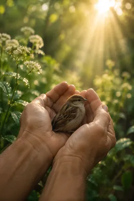 Gentle Hands Cradling a Sparrow