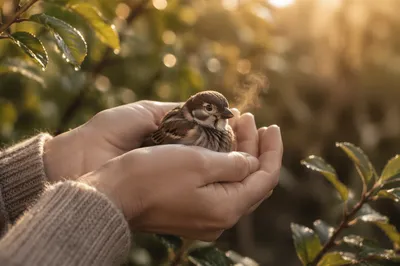 Gentle Hands Cradling Sparrow at Sunrise