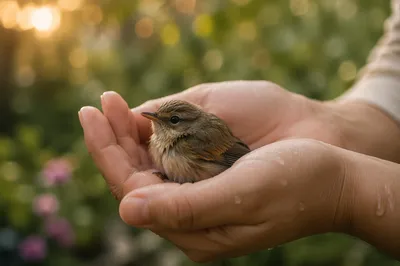 Gentle Hands Cradling a Tiny Songbird