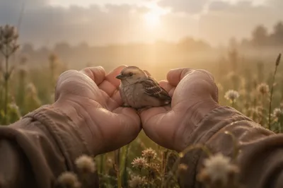 Gentle Hands Cradling Sparrow at Dawn