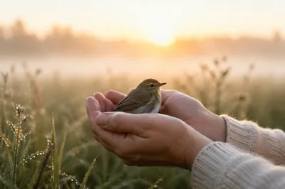 Gentle Hands Protecting a Small Bird