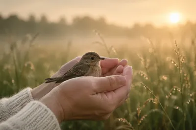 Tender Hands Cradling Small Bird at Sunrise
