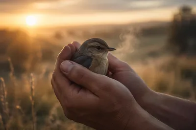 Gentle Hands Cradling Small Bird