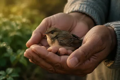 Gentle Hands Cradling a Small Bird