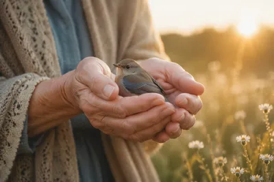 Gentle Hands Cradling Small Songbird