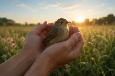 Gentle Hands Cradling Tiny Songbird