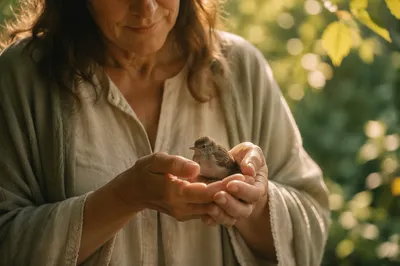 Gentle Hands Cradling a Small Bird
