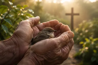 Gentle Hands Cradling Rescued Songbird