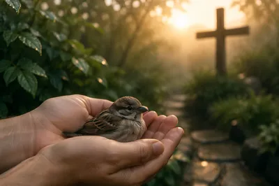 Gods Love Cradling a Rescued Sparrow
