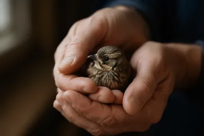 Gentle Hands Cradling a Tiny Fledgling