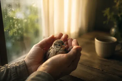 Gentle Hands Cradling Sparrow in Morning Light