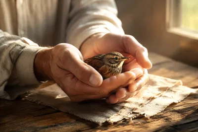 Gentle Hands Cradling a Small Bird