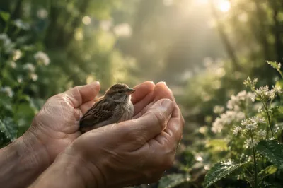 Gentle Hands Cradling a Sparrow