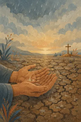 Grace Rain Over Cracked Earth and Hands