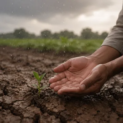 Grace Rain Over Cracked Earth and Sprout