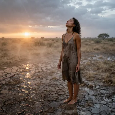 Woman in Gentle Rain on Dry Field