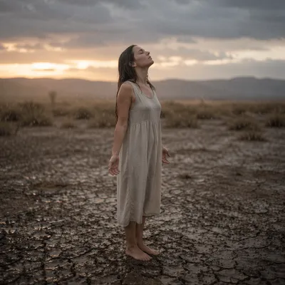 Woman in Gentle Rain on Dry Earth
