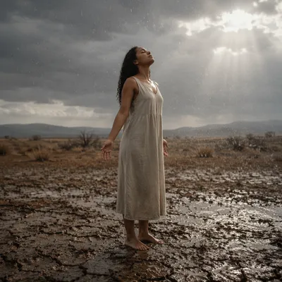 Woman in Gentle Rain on Dry Field