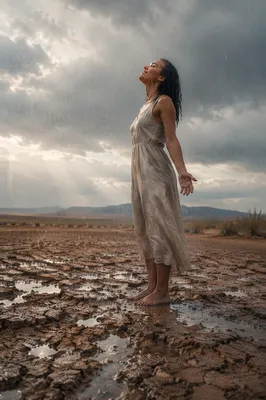 Young Woman in Rain on Dry Field