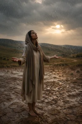 Woman Welcoming Rain on Dry Field