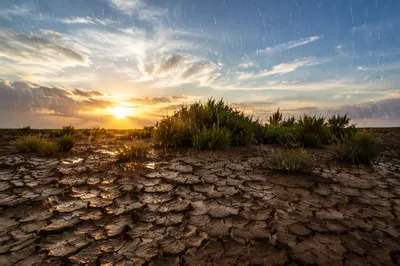 Graceful Rain Over Cracked Earth at Sunset
