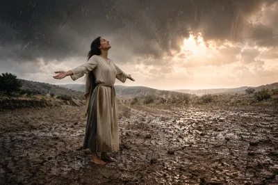 Woman Welcoming Rain on Cracked Earth