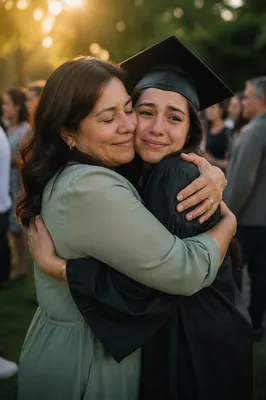 Mother Hugging Graduate Daughter at Sunset