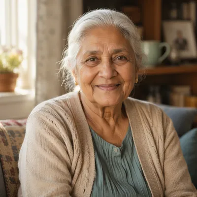 Smiling Elderly Grandmother by Sunlit Window