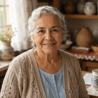 Warm Smiling Grandmother by Kitchen Window