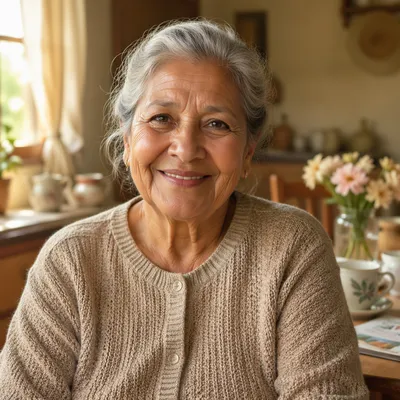 Warm Smiling Grandmother in Sunlit Kitchen