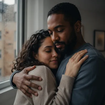 Grateful Couple Embracing by Rainy Window