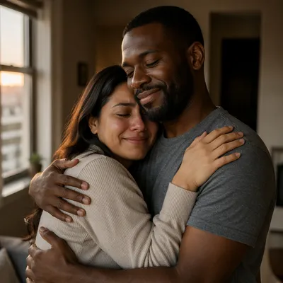 Grateful Couple Embracing by Sunlit Window