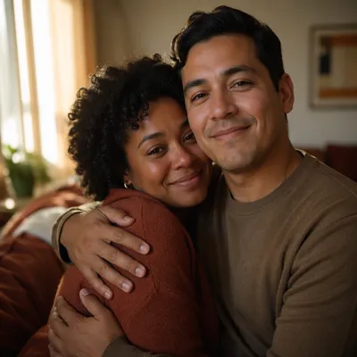 Tender Couple Embracing by Sunlit Window